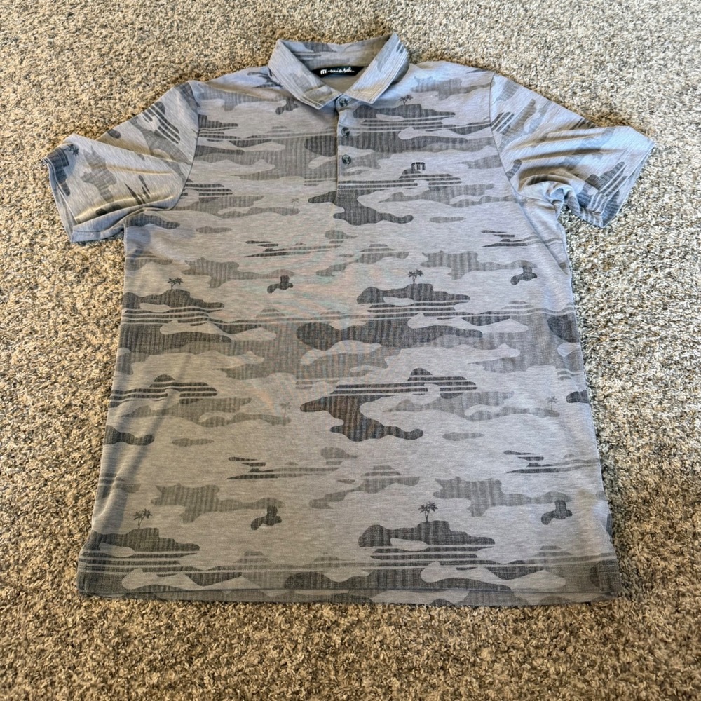 TravisMathew Mens XL Grey Camo Palm Tree Island Performance Golf Polo Shirt